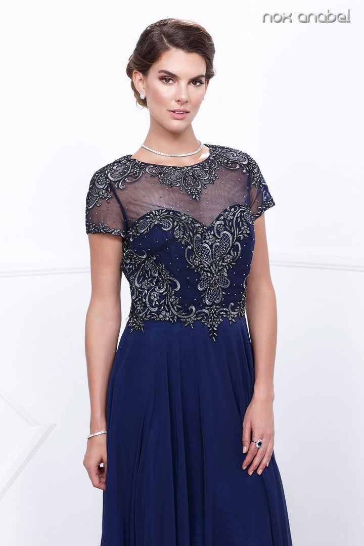 Embroidered Long Illusion Dress with Short Sleeves by Nox Anabel 5143-Long Formal Dresses-ABC Fashion