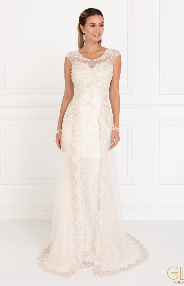 Embroidered Long Ivory Cap Sleeve Lace Dress by Elizabeth K GL1539-Long Formal Dresses-ABC Fashion