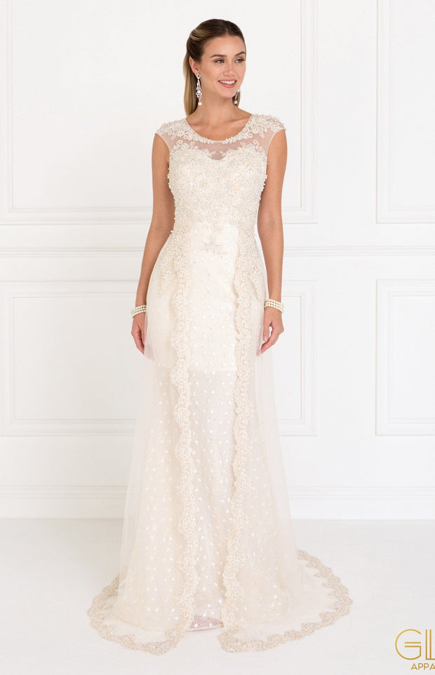 Embroidered Long Ivory Cap Sleeve Lace Dress by Elizabeth K GL1539-Long Formal Dresses-ABC Fashion