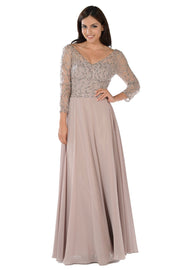 Embroidered Long Navy V-Neck Dress with Sleeves by Poly USA-Long Formal Dresses-ABC Fashion