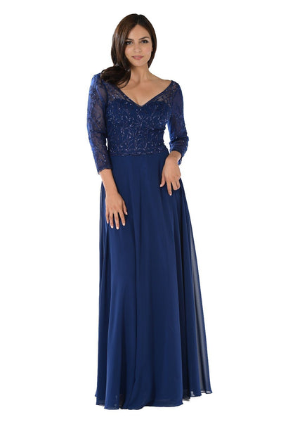 Embroidered Long Navy V-Neck Dress with Sleeves by Poly USA-Long Formal Dresses-ABC Fashion