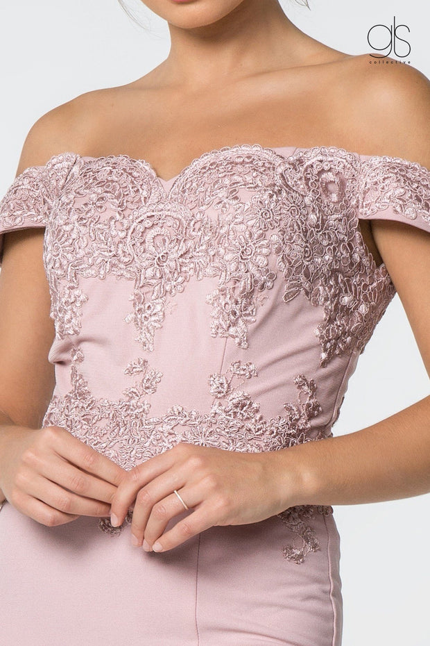 Embroidered Long Off Shoulder Dress with Slit by Elizabeth K GL2708-Long Formal Dresses-ABC Fashion