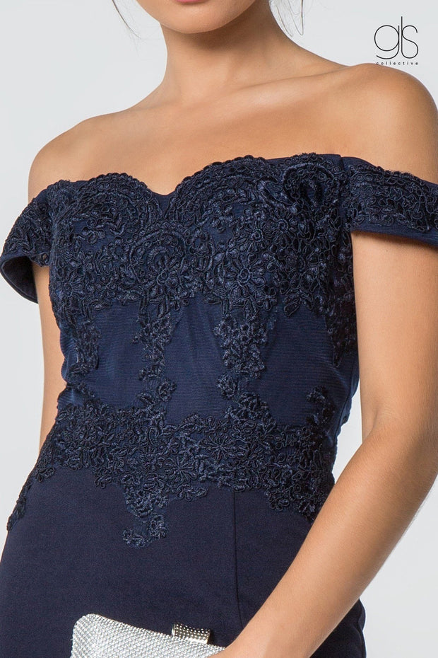 Embroidered Long Off Shoulder Dress with Slit by Elizabeth K GL2708-Long Formal Dresses-ABC Fashion