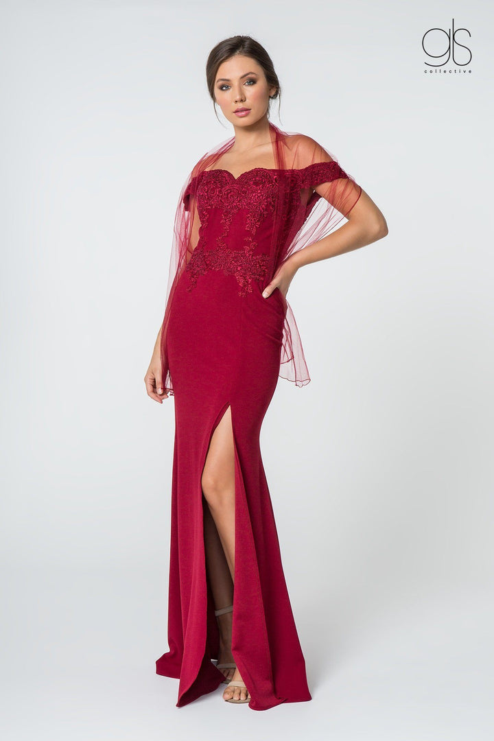 Embroidered Long Off Shoulder Dress with Slit by Elizabeth K GL2708-Long Formal Dresses-ABC Fashion