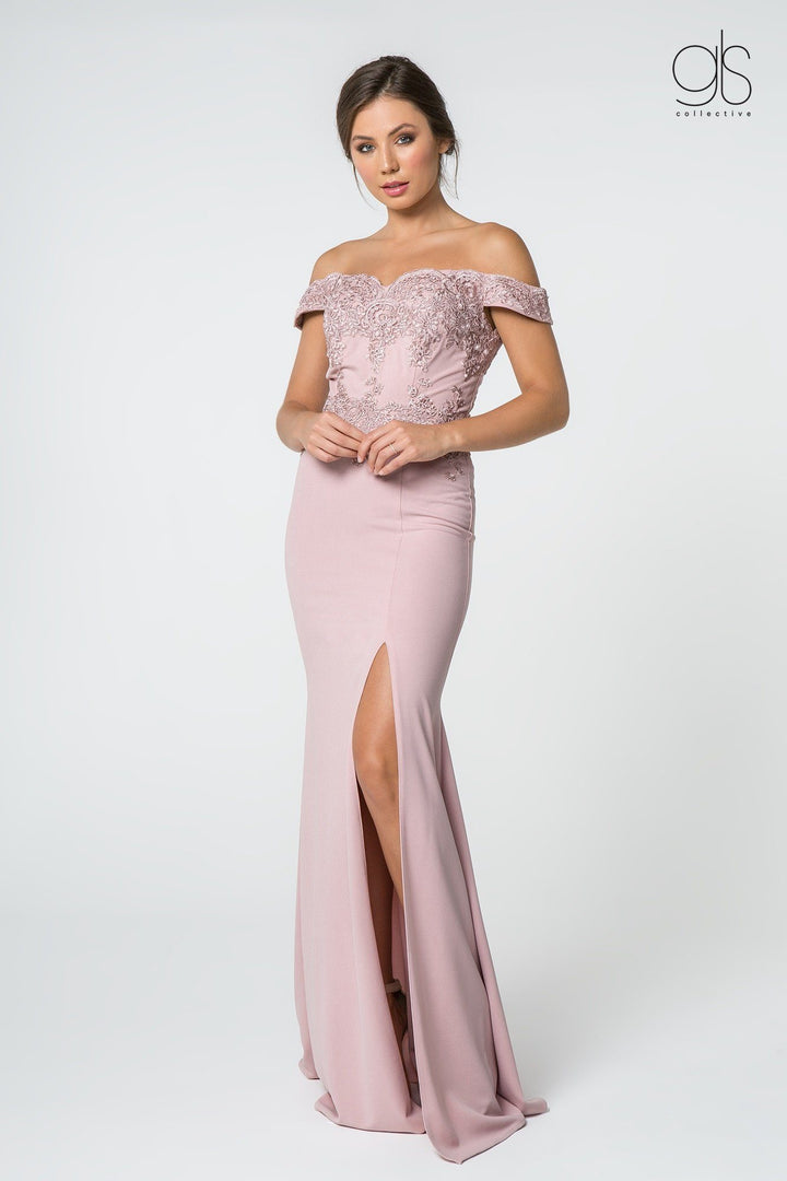 Embroidered Long Off Shoulder Dress with Slit by Elizabeth K GL2708-Long Formal Dresses-ABC Fashion