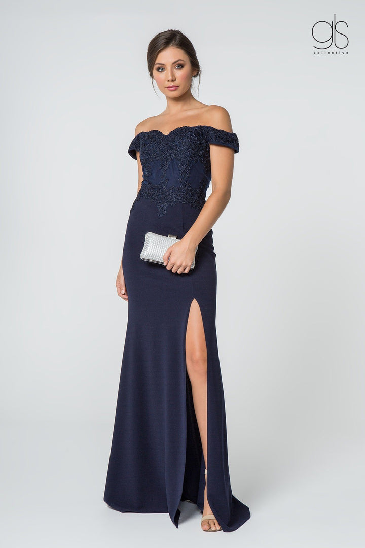 Embroidered Long Off Shoulder Dress with Slit by Elizabeth K GL2708-Long Formal Dresses-ABC Fashion