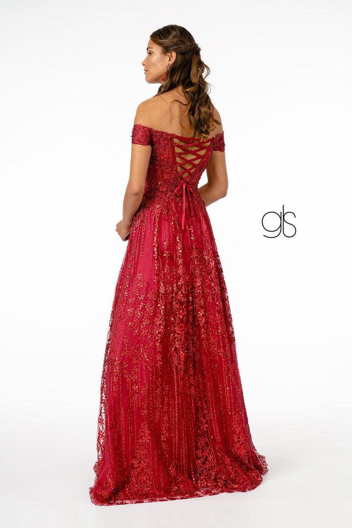 Embroidered Long Off Shoulder Glitter Dress by Elizabeth K GL2941