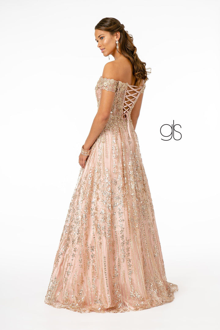 Embroidered Long Off Shoulder Glitter Dress by Elizabeth K GL2941