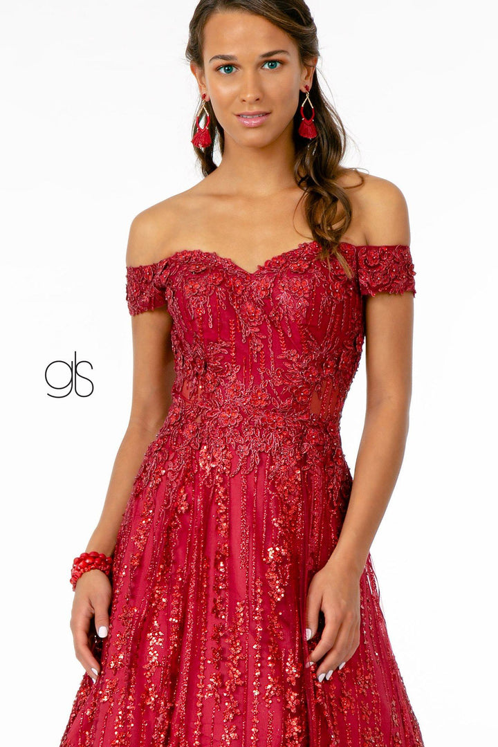 Embroidered Long Off Shoulder Glitter Dress by Elizabeth K GL2941