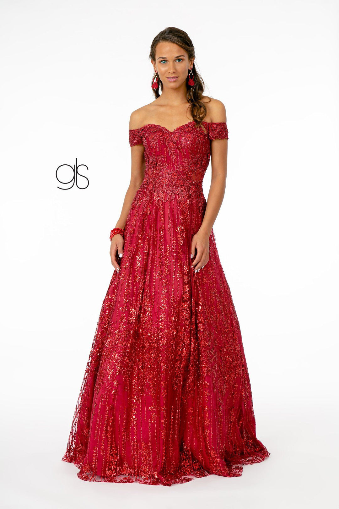 Embroidered Long Off Shoulder Glitter Dress by Elizabeth K GL2941