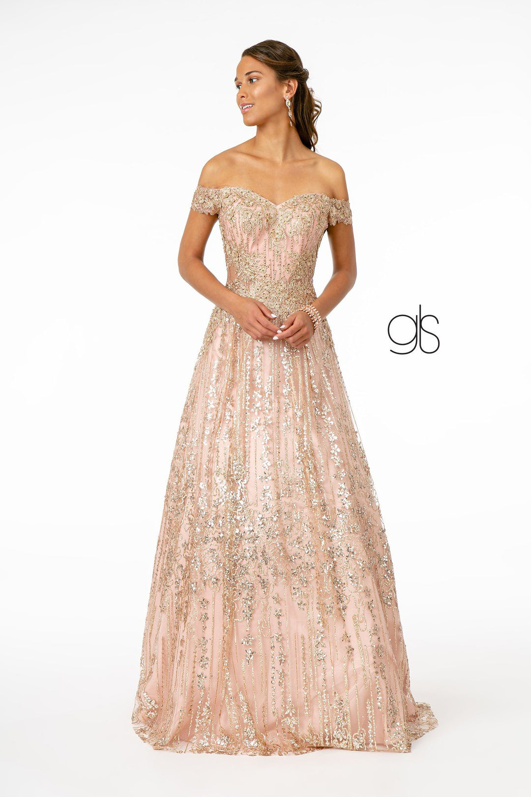 Embroidered Long Off Shoulder Glitter Dress by Elizabeth K GL2941