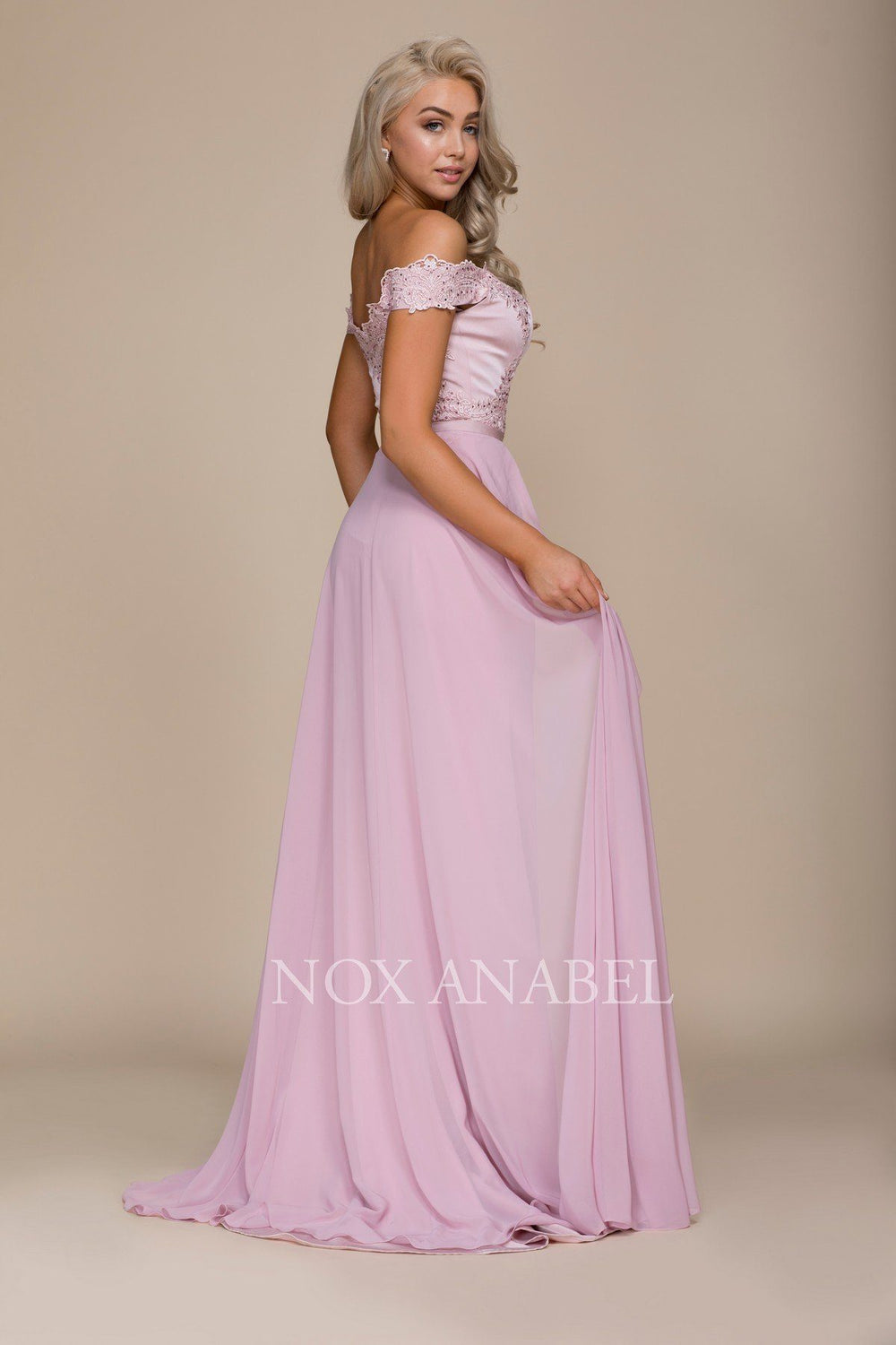 Embroidered Long Off the Shoulder Dress by Nox Anabel E014-Long Formal Dresses-ABC Fashion