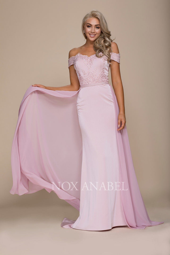 Embroidered Long Off the Shoulder Dress by Nox Anabel E014-Long Formal Dresses-ABC Fashion