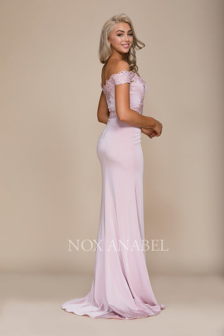 Embroidered Long Off the Shoulder Dress by Nox Anabel E014-Long Formal Dresses-ABC Fashion