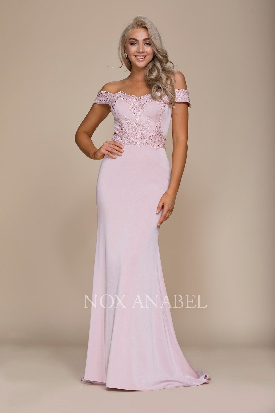 Embroidered Long Off the Shoulder Dress by Nox Anabel E014-Long Formal Dresses-ABC Fashion