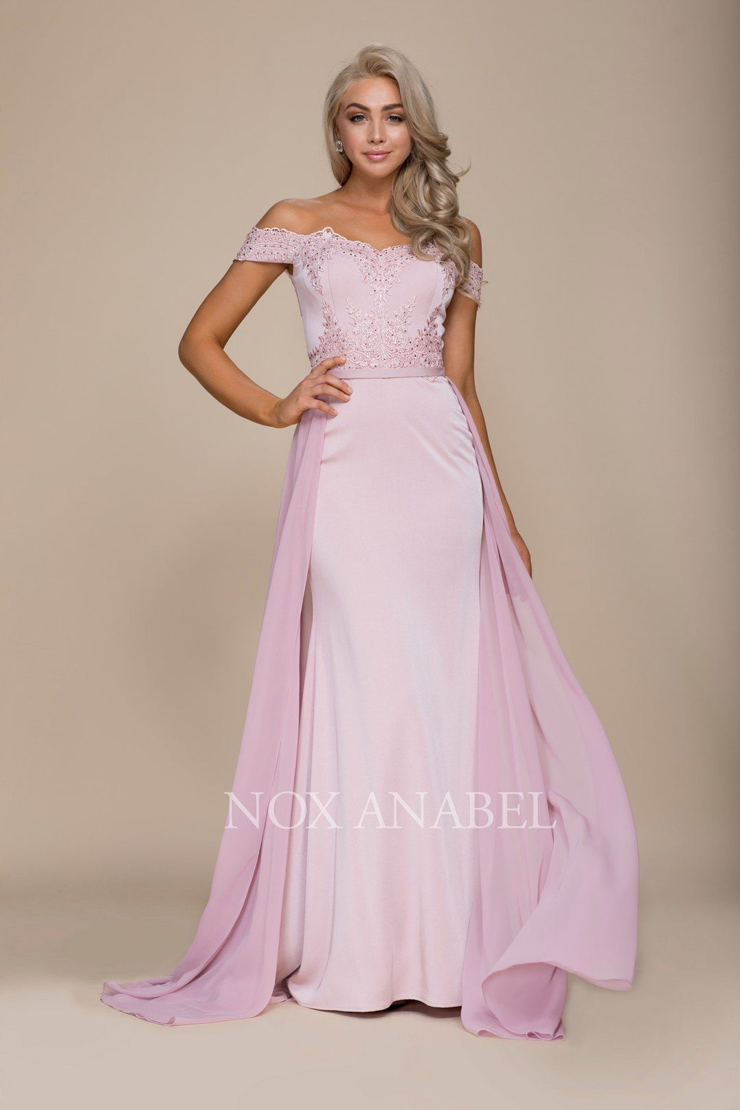 Embroidered Long Off the Shoulder Dress by Nox Anabel E014-Long Formal Dresses-ABC Fashion