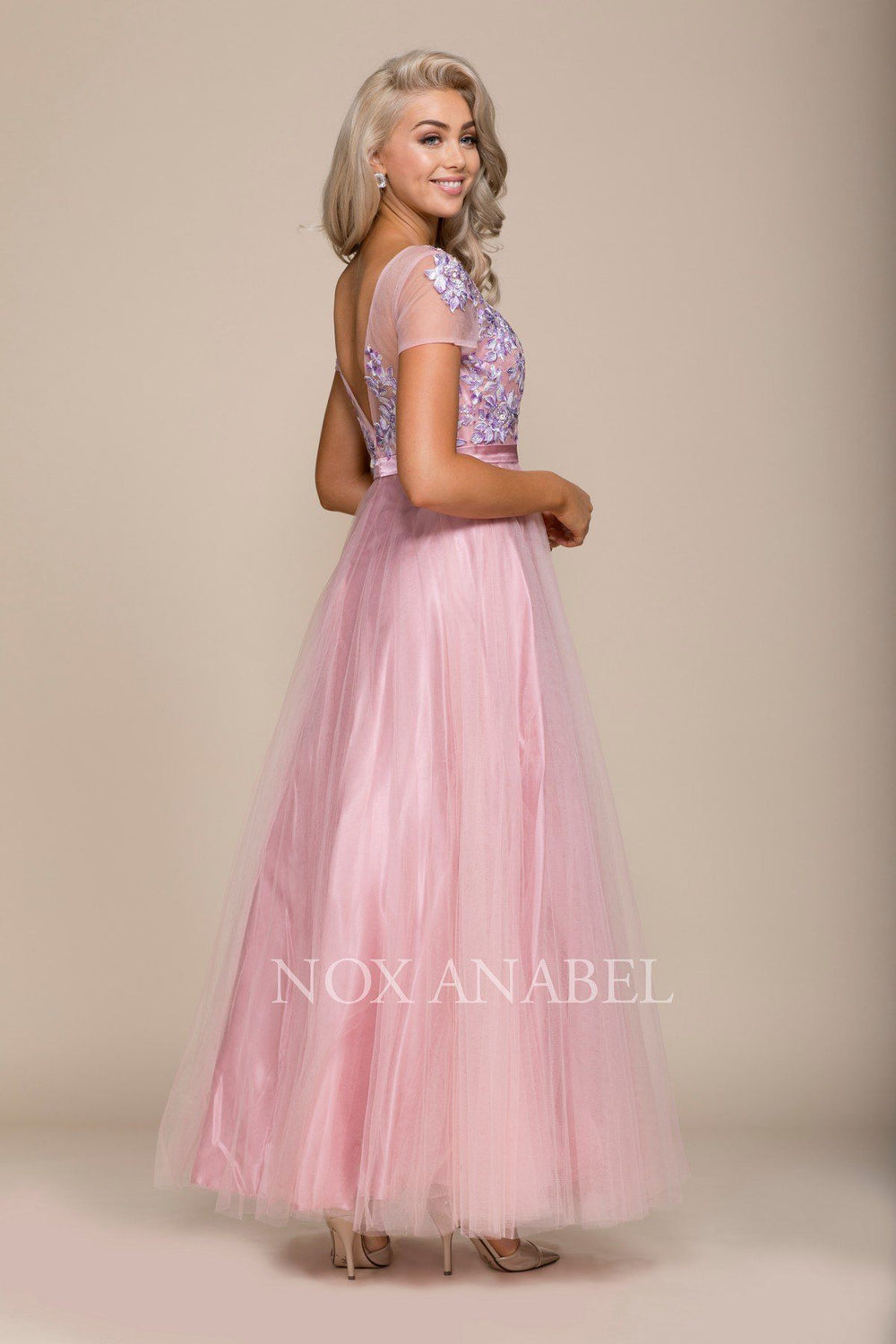 Embroidered Long Pink Dress with Short Sleeves by Nox Anabel 8274-Long Formal Dresses-ABC Fashion