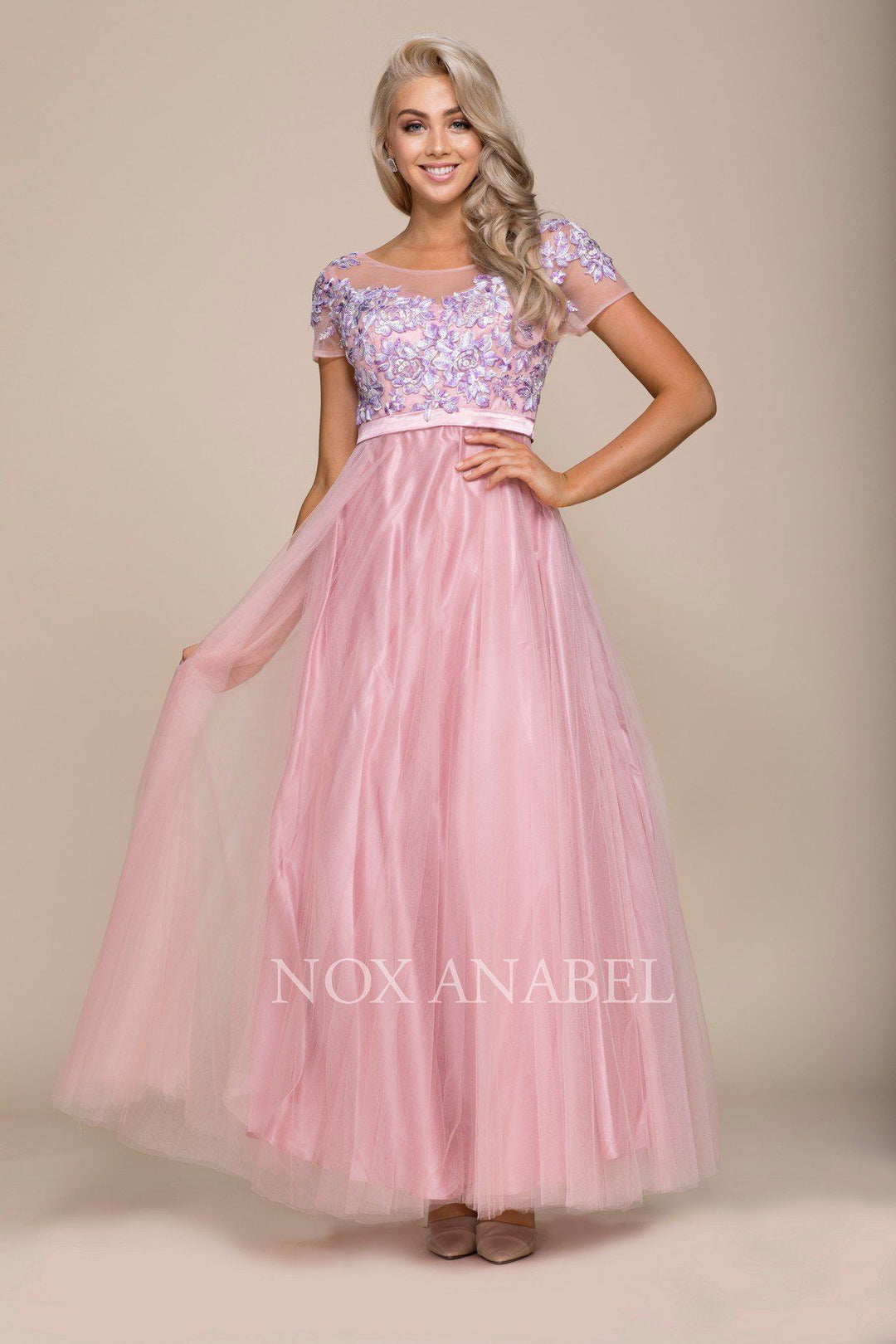 Embroidered Long Pink Dress with Short Sleeves by Nox Anabel 8274-Long Formal Dresses-ABC Fashion