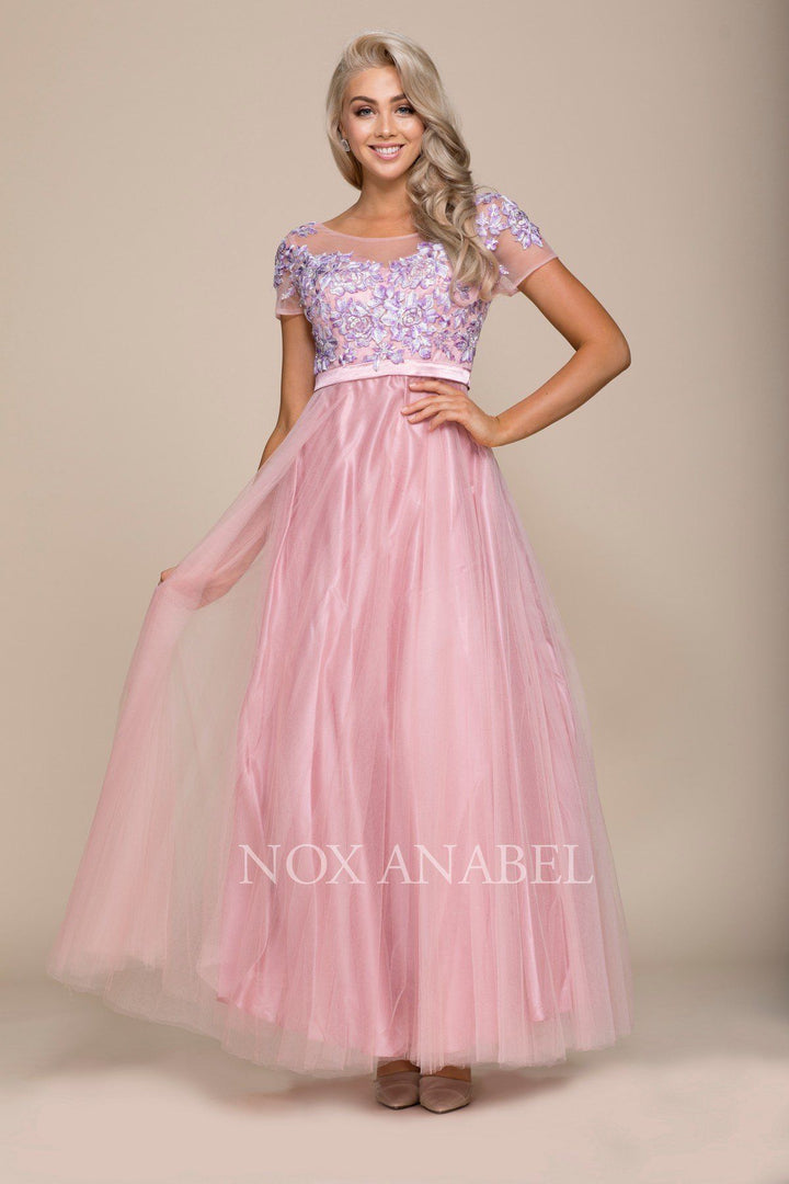 Embroidered Long Pink Dress with Short Sleeves by Nox Anabel 8274-Long Formal Dresses-ABC Fashion