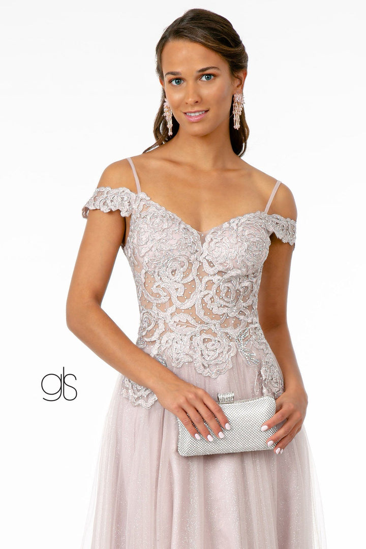 Embroidered Long Sheer Cold Shoulder Dress by Elizabeth K GL2953