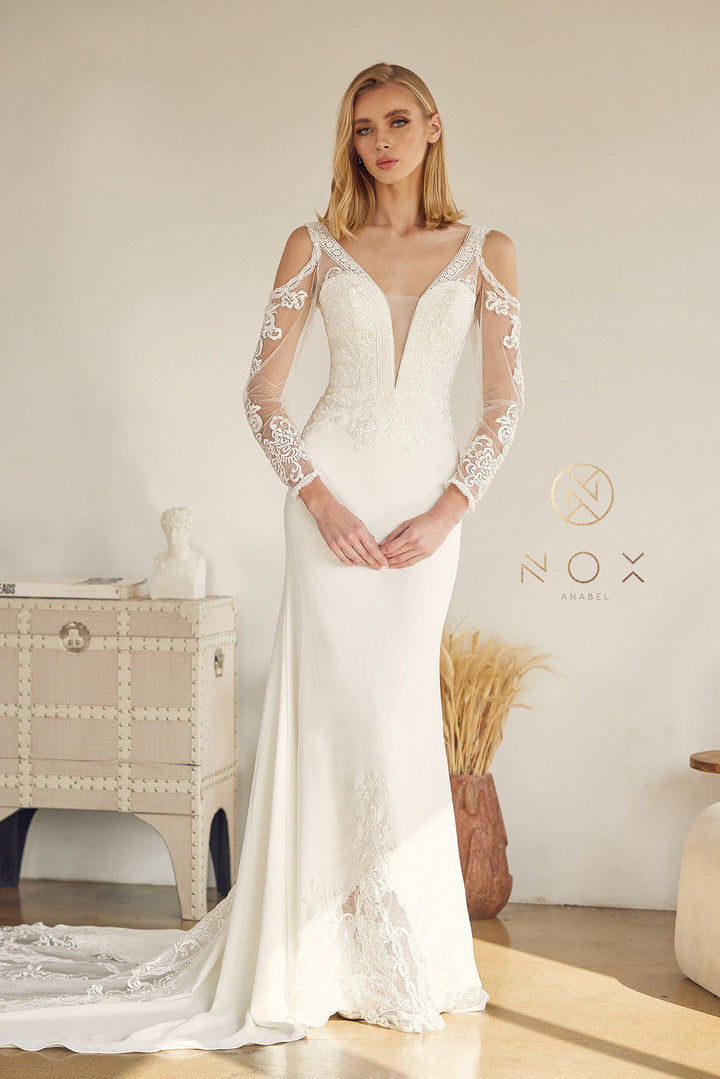 Embroidered Long Sleeve Bridal Dress by Nox Anabel JE916