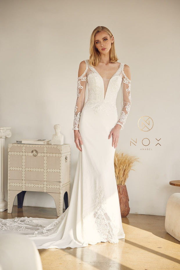 Embroidered Long Sleeve Bridal Dress by Nox Anabel JE916