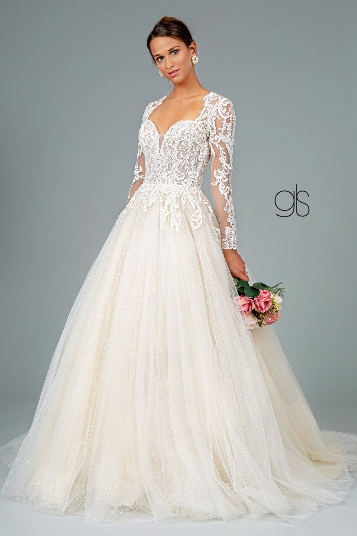 Cream lace long sleeve wedding dress hot sale