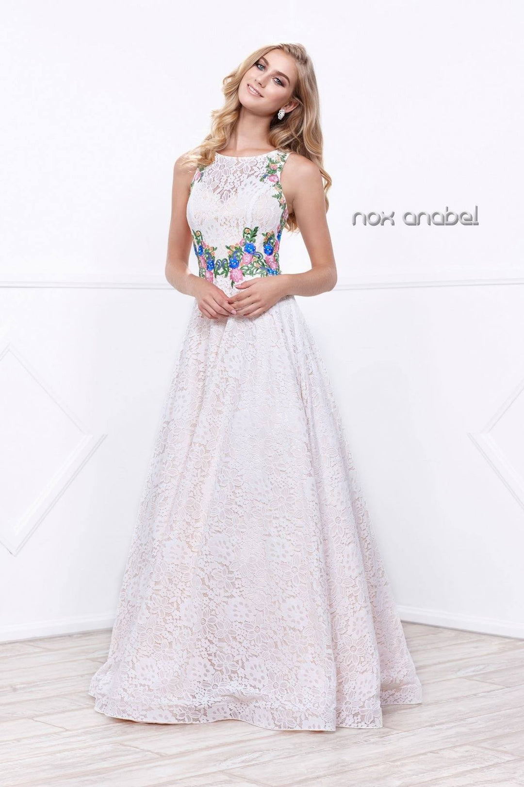 Embroidered Long Sleeveless Lace Dress by Nox Anabel 8281-Long Formal Dresses-ABC Fashion