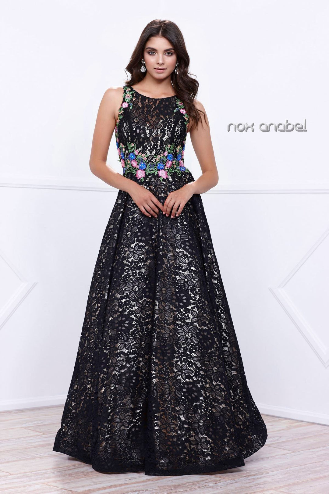 Embroidered Long Sleeveless Lace Dress by Nox Anabel 8281-Long Formal Dresses-ABC Fashion