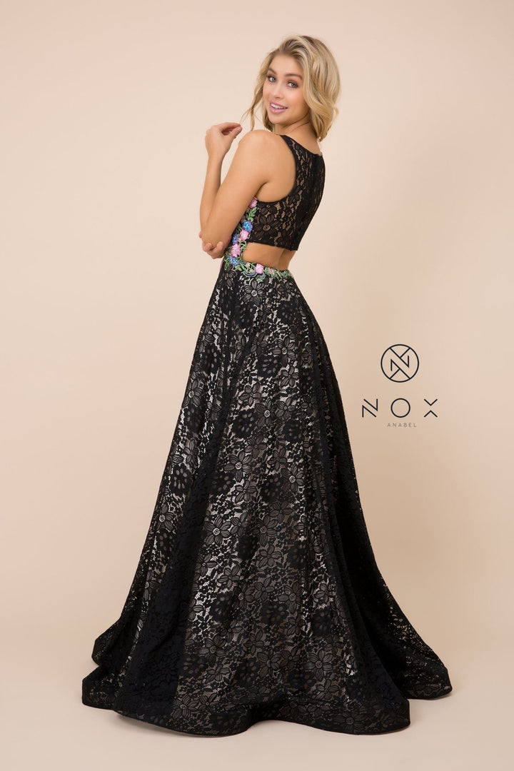Embroidered Long Sleeveless Lace Dress by Nox Anabel 8281