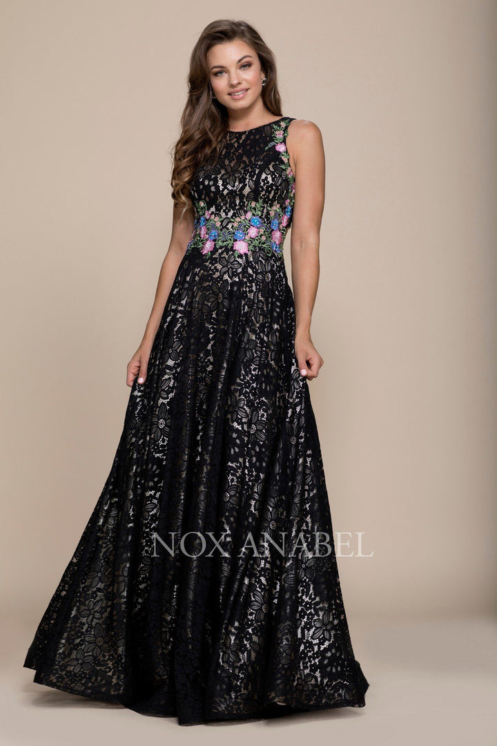 Embroidered Long Sleeveless Lace Dress by Nox Anabel 8281-Long Formal Dresses-ABC Fashion