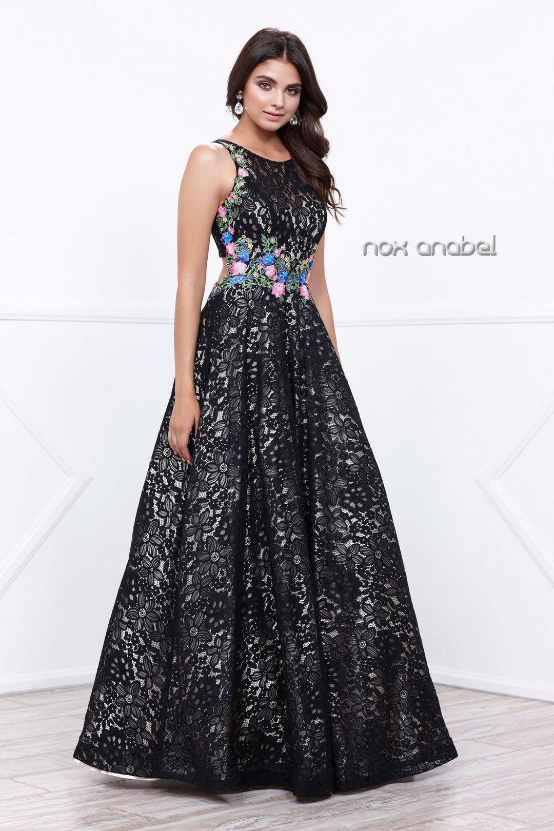 Embroidered Long Sleeveless Lace Dress by Nox Anabel 8281-Long Formal Dresses-ABC Fashion