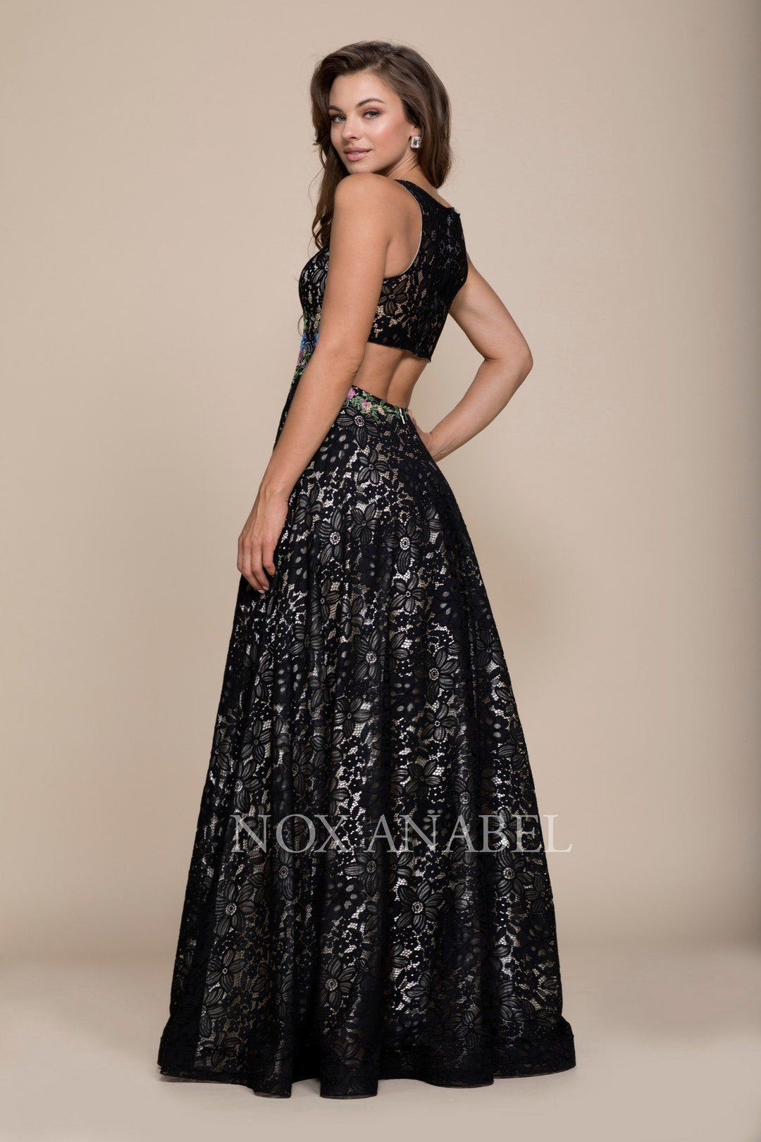 Embroidered Long Sleeveless Lace Dress by Nox Anabel 8281-Long Formal Dresses-ABC Fashion