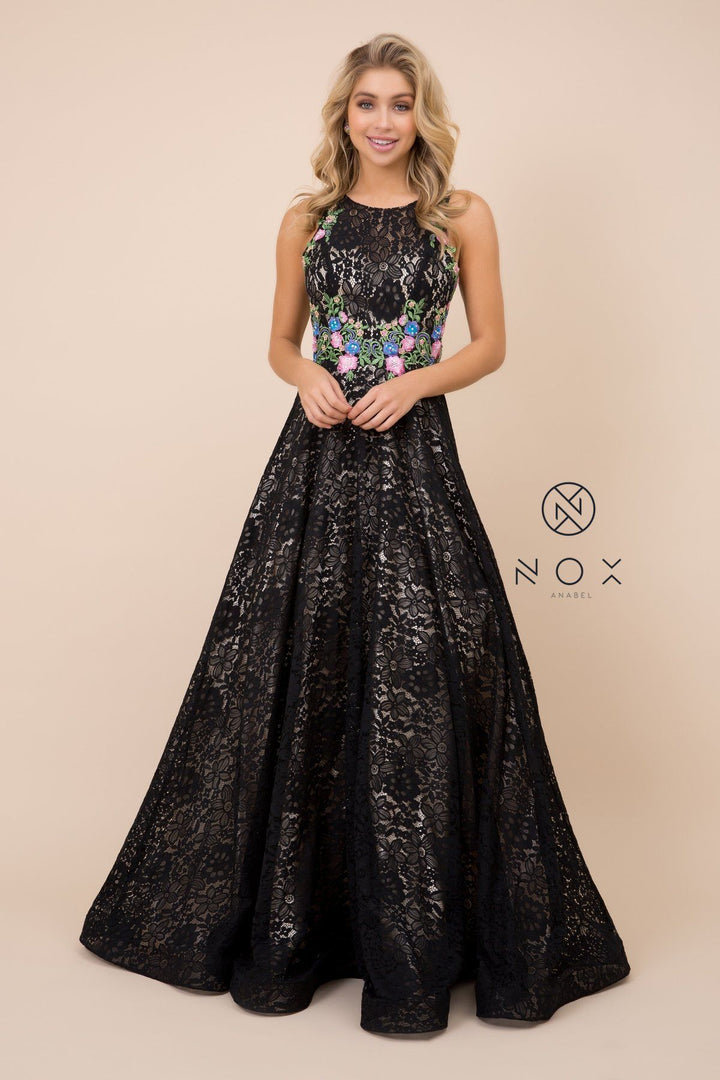 Embroidered Long Sleeveless Lace Dress by Nox Anabel 8281