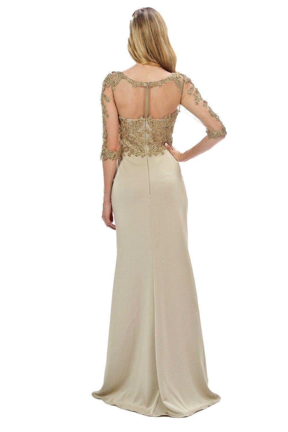 Embroidered Mid Sleeve Gown with Front Slit by Poly USA 7584-Long Formal Dresses-ABC Fashion