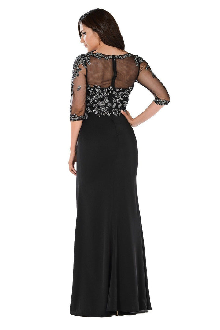 Embroidered Mid Sleeve Gown with Front Slit by Poly USA 7584-Long Formal Dresses-ABC Fashion