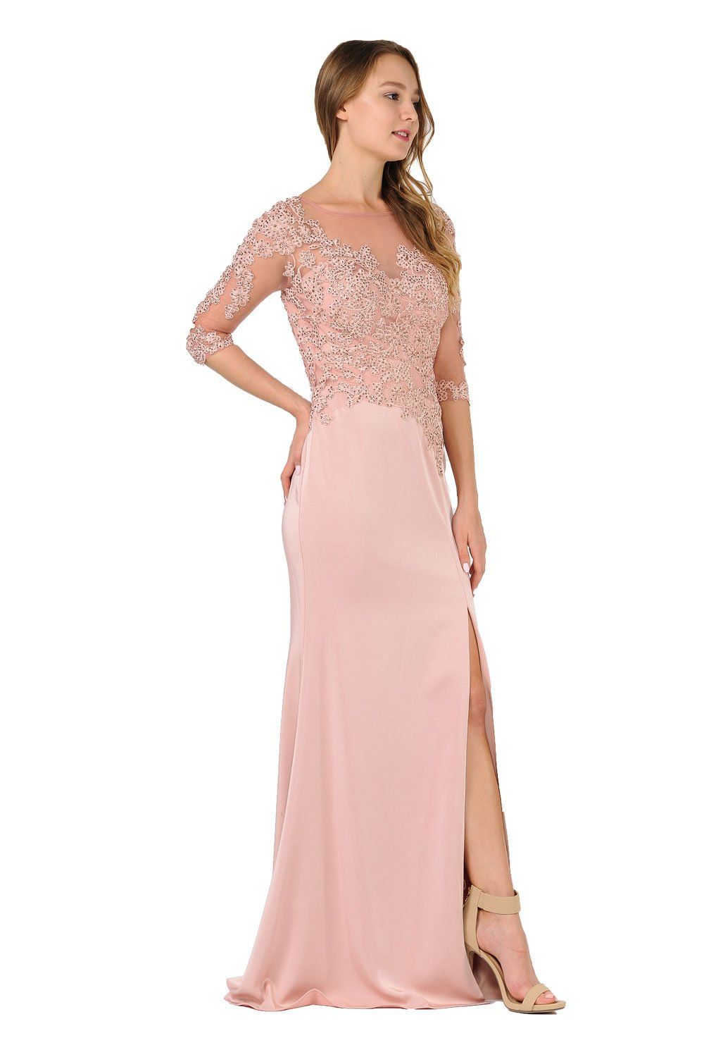 Embroidered Mid Sleeve Gown with Front Slit by Poly USA 7584-Long Formal Dresses-ABC Fashion