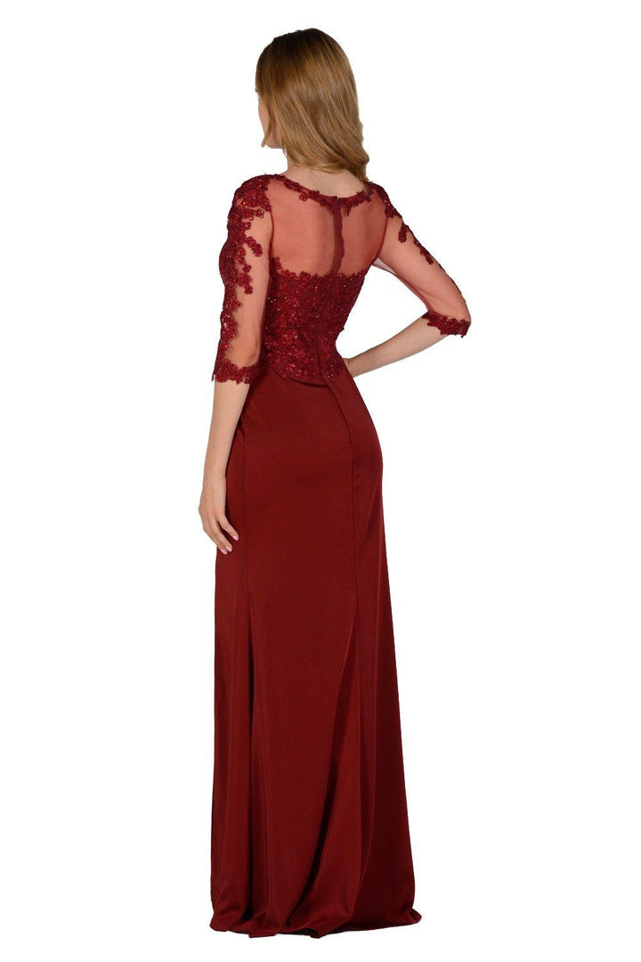 Embroidered Mid Sleeve Gown with Front Slit by Poly USA 7584-Long Formal Dresses-ABC Fashion