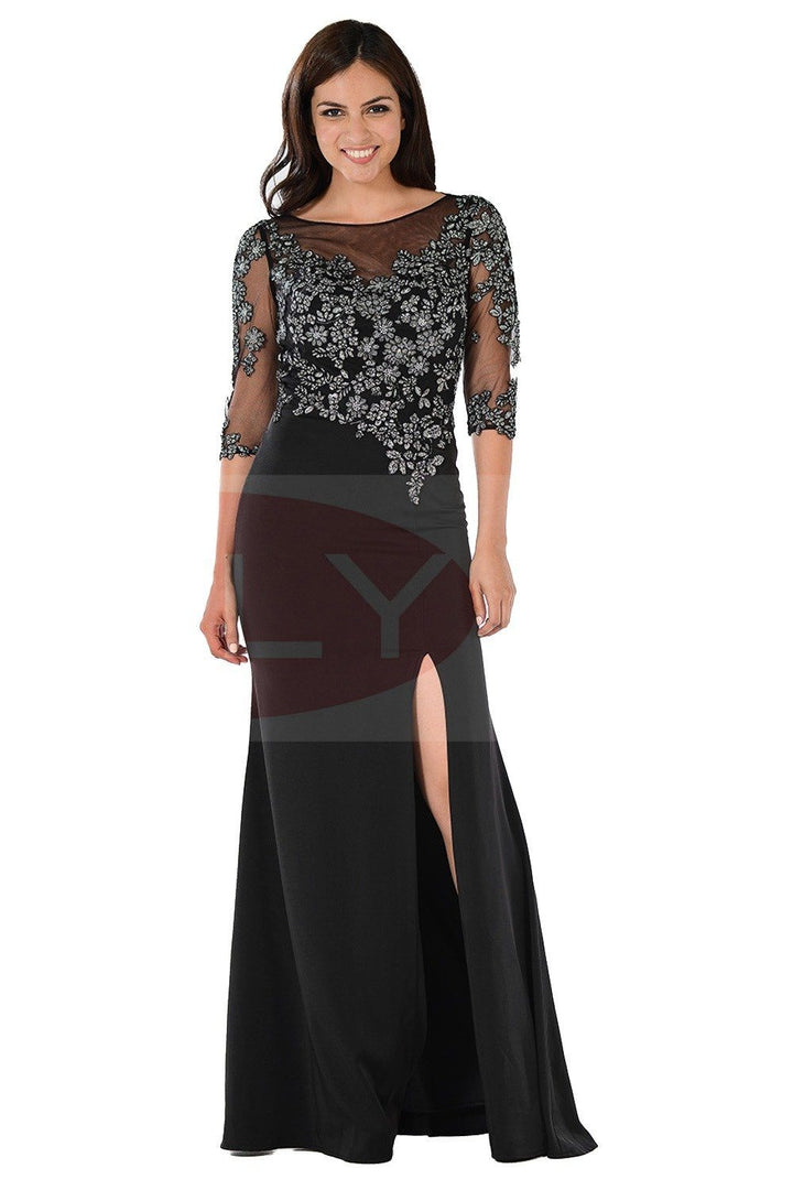 Embroidered Mid Sleeve Gown with Front Slit by Poly USA 7584-Long Formal Dresses-ABC Fashion