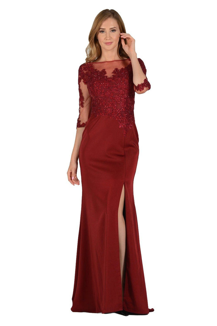 Embroidered Mid Sleeve Gown with Front Slit by Poly USA 7584-Long Formal Dresses-ABC Fashion