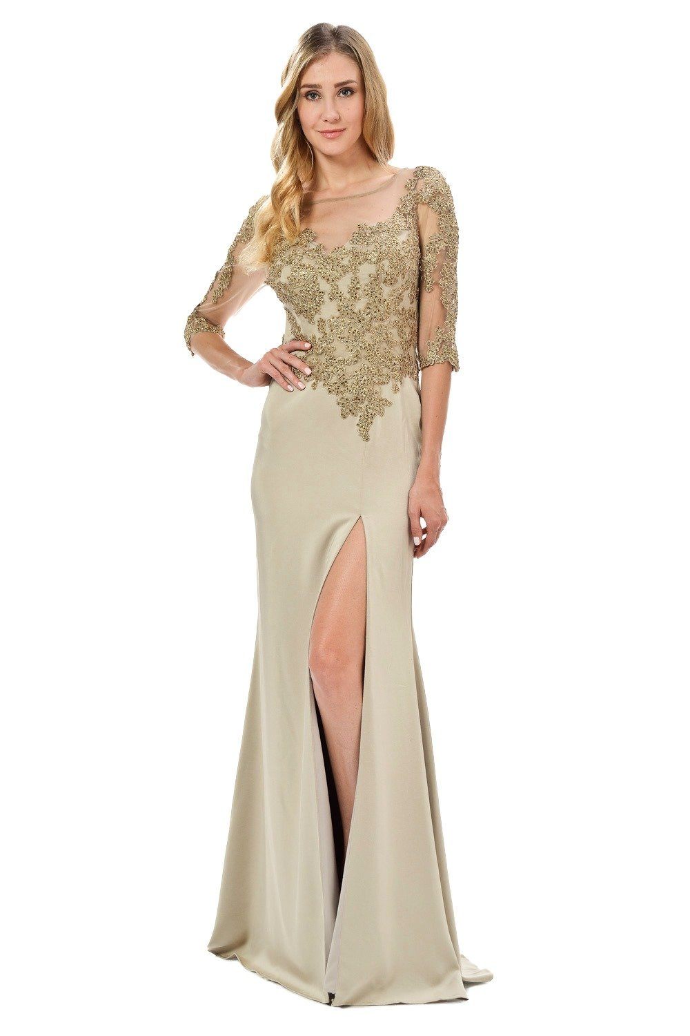 Embroidered Mid Sleeve Gown with Front Slit by Poly USA 7584-Long Formal Dresses-ABC Fashion