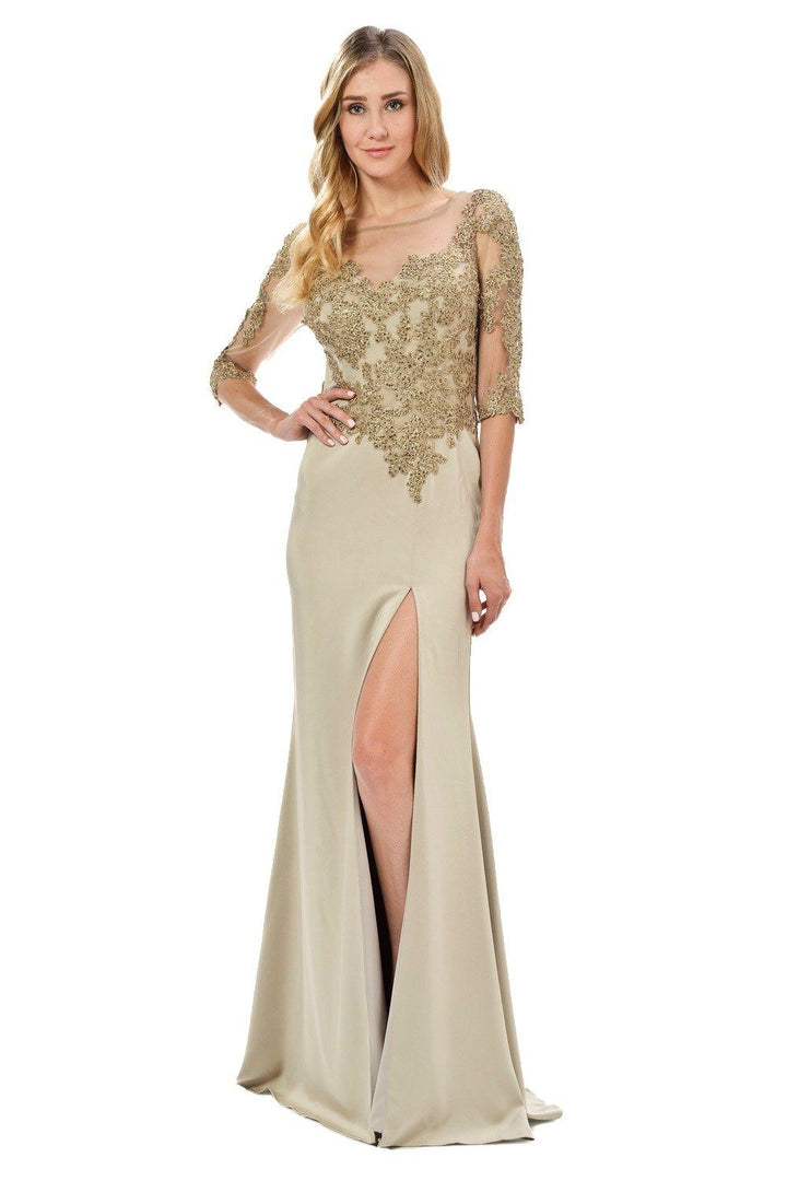 Embroidered Mid Sleeve Gown with Front Slit by Poly USA 7584-Long Formal Dresses-ABC Fashion