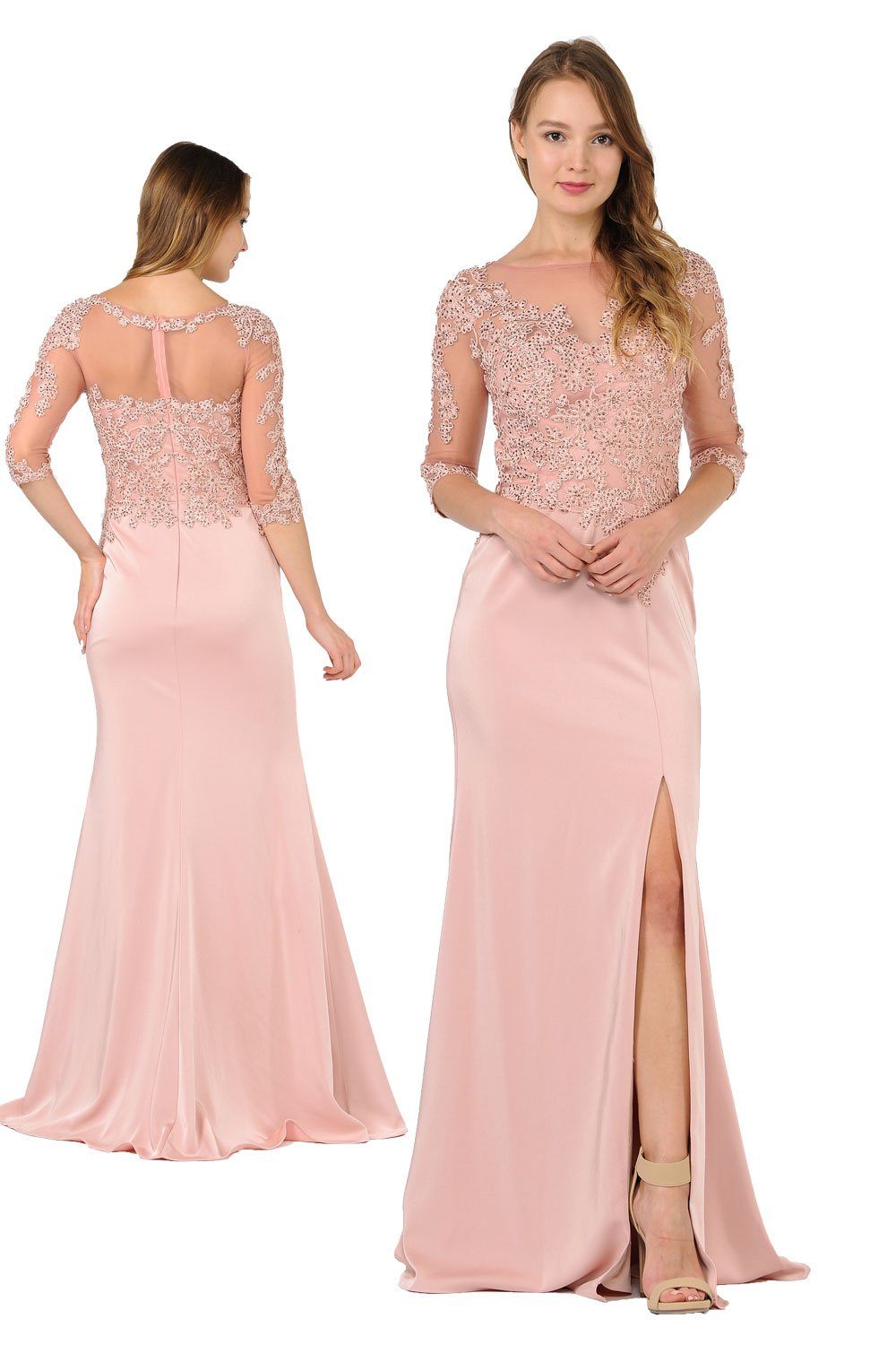 Embroidered Mid Sleeve Gown with Front Slit by Poly USA 7584-Long Formal Dresses-ABC Fashion