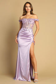 Embroidered Off Shoulder Corset Slit Gown by Adora 3132
