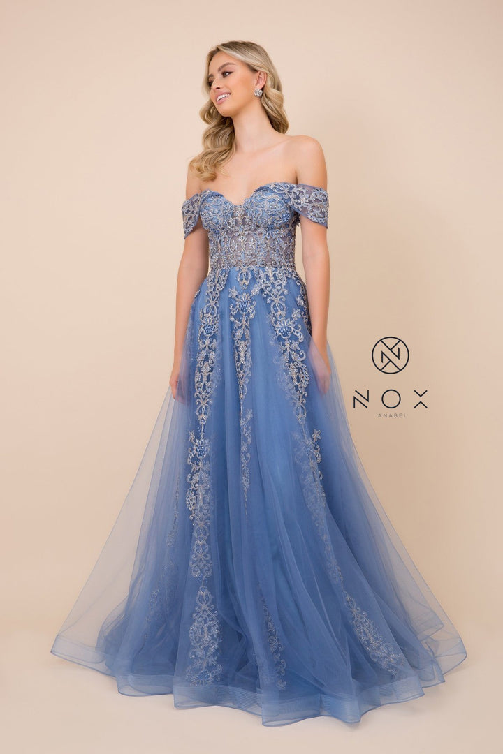 Embroidered Off Shoulder Gown by Nox Anabel F336