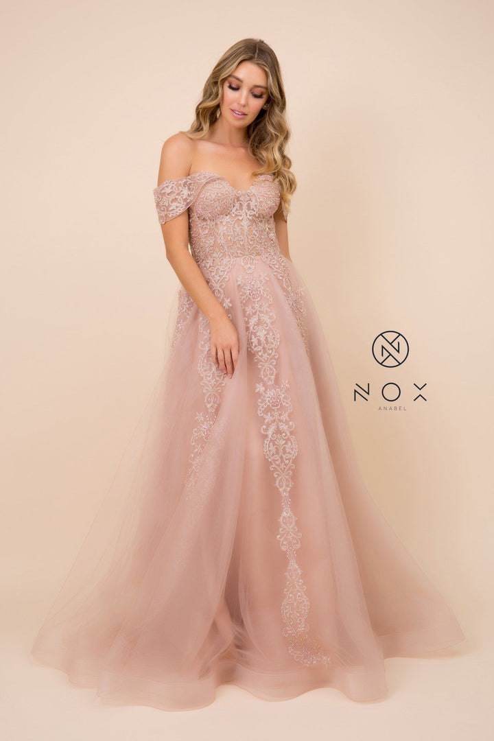 Embroidered Off Shoulder Gown by Nox Anabel F336