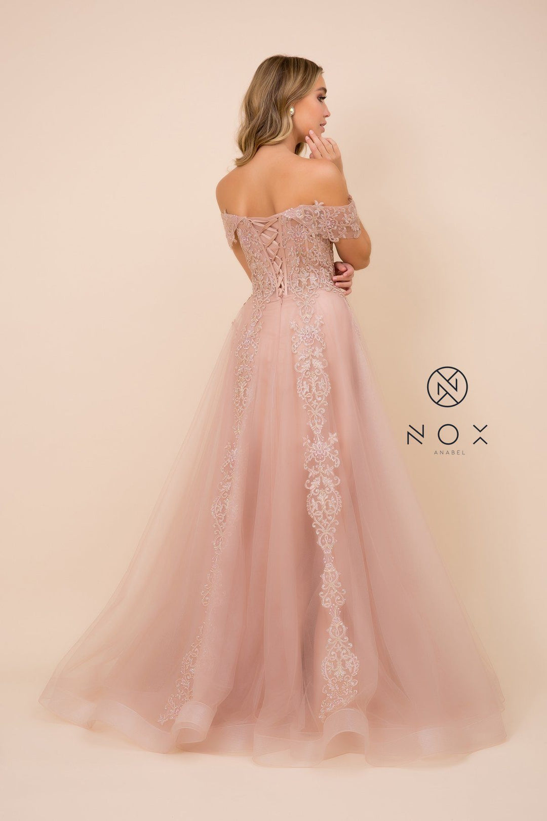 Embroidered Off Shoulder Gown by Nox Anabel F336