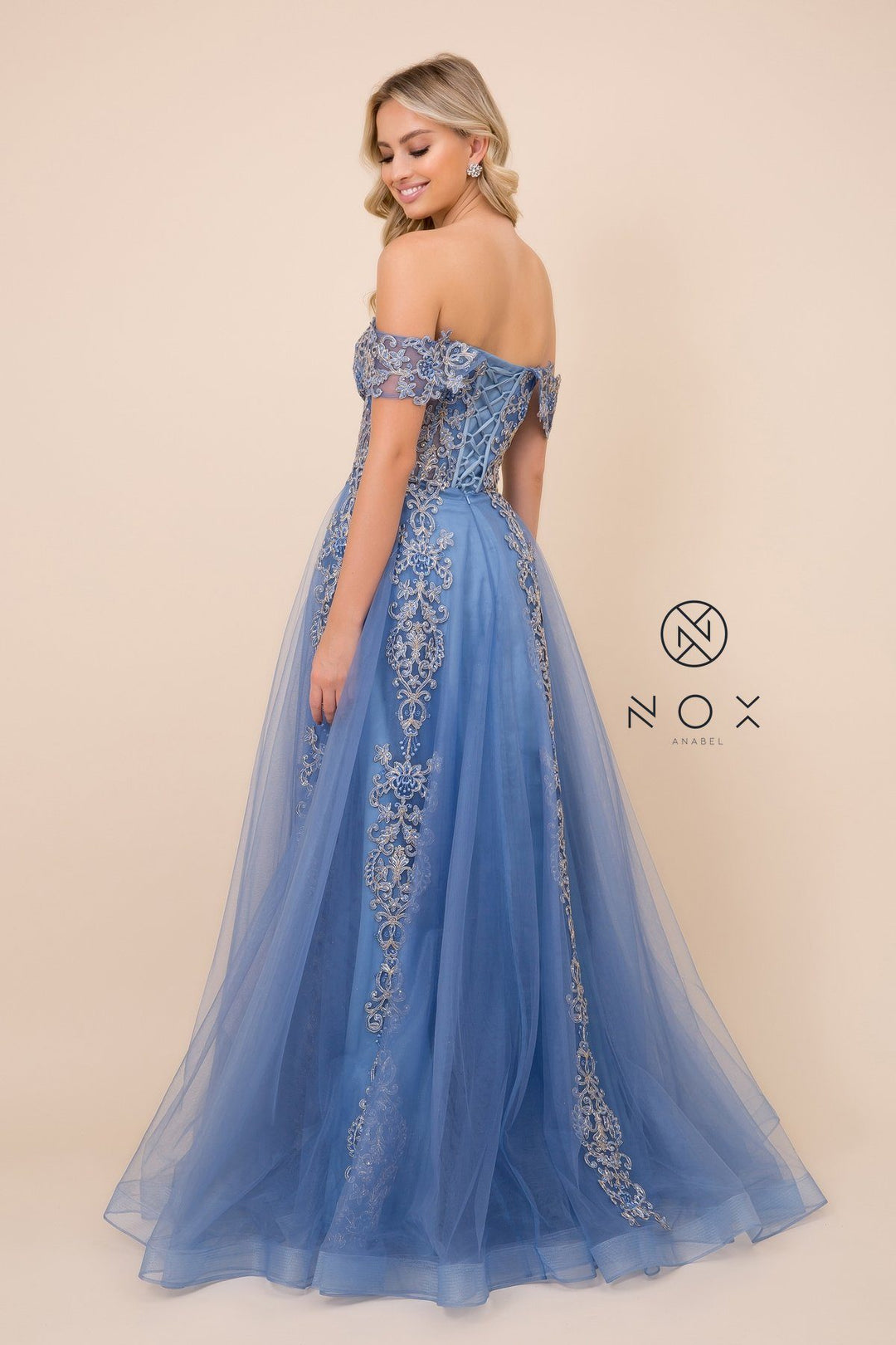 Embroidered Off Shoulder Gown by Nox Anabel F336