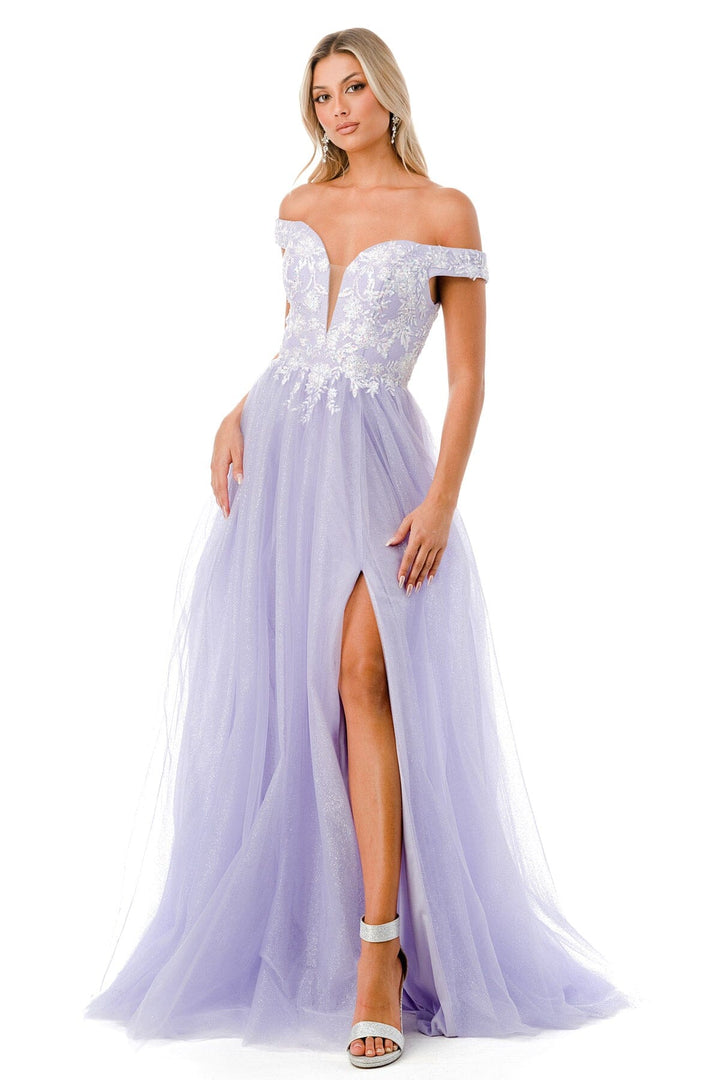 Embroidered Off Shoulder Tulle Gown by Coya L2770T