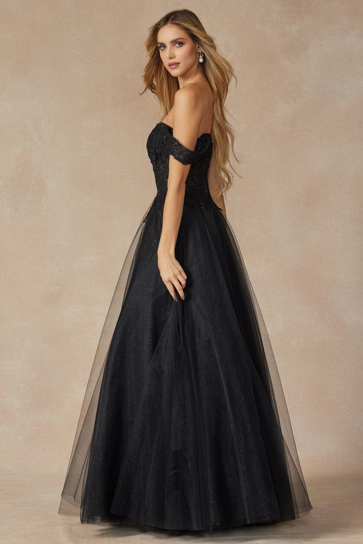 Embroidered Off Shoulder Tulle Gown by Juliet 280